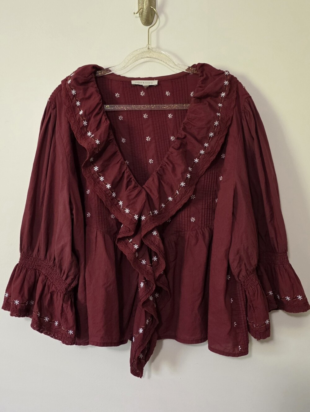 Women's Embroidered Floral Ruffled Blouse Playful Cottagecore Romantic Boho  XL